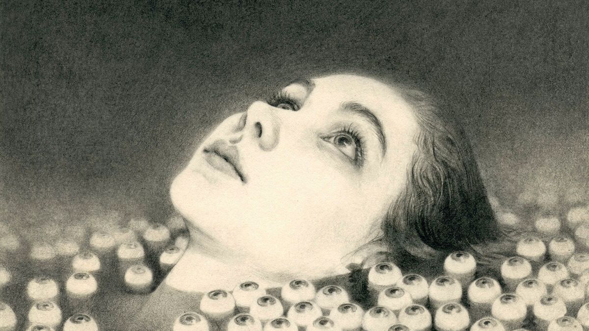 Pencil illustration of a woman&#039;s face emerging from a riverbed of eyeballs