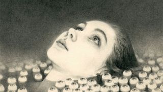 Pencil illustration of a woman's face emerging from a riverbed of eyeballs