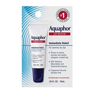 Tube of Aquaphor Lip Repair Ointment on a white background