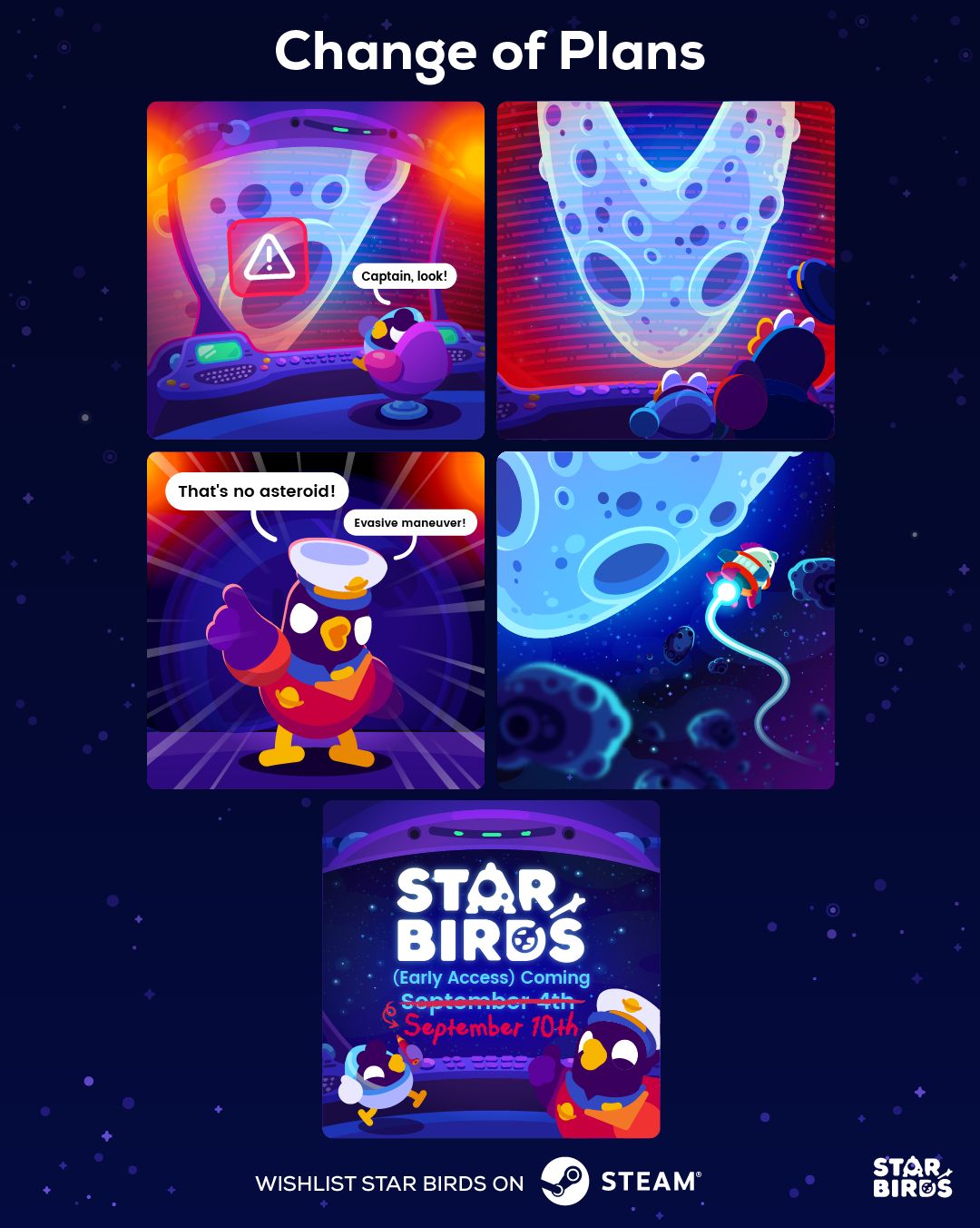 A little comic strip showing Star Birds dodging a Silksong-shaped asteroid.