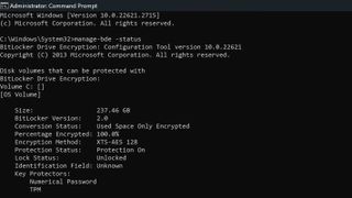 Image of command prompt command to check BitLocker encryption level