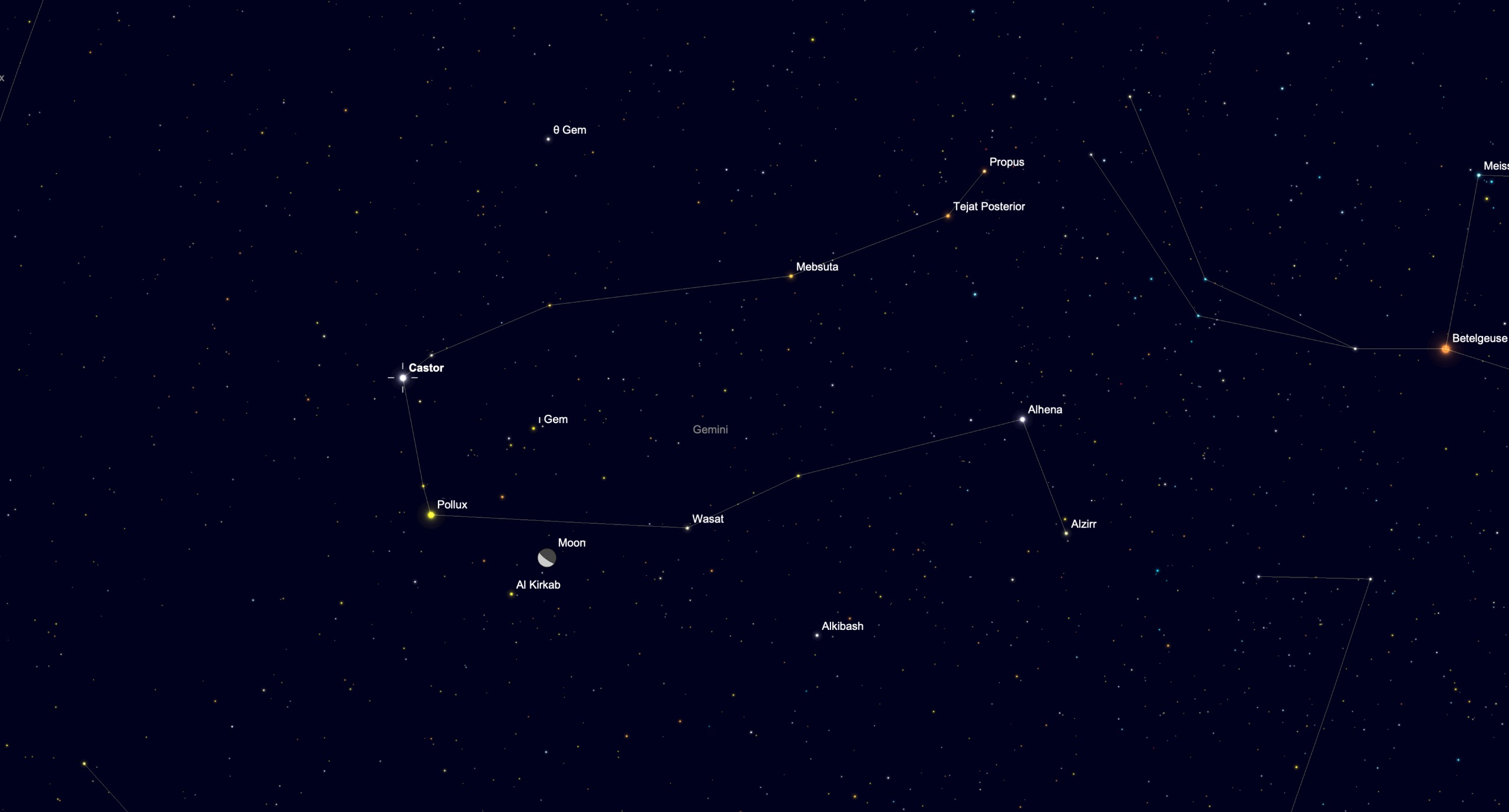 Star chart showing the waning moon near Castor and Pollux in the constellation Gemini before dawn on Oct. 4.
