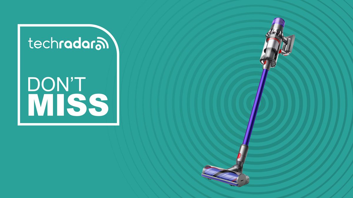 A Dyson V11 vacuum cleaner is shown on a green background. Text beside it reads &#039;don&#039;t miss&#039;.