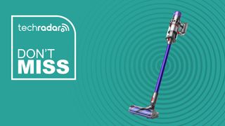 A Dyson V11 vacuum cleaner is shown on a green background. Text beside it reads 'don't miss'.