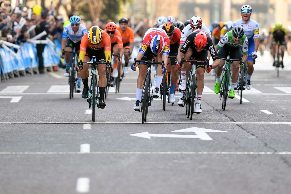 VALENCIA SPAIN FEBRUARY 09 Sprint Arrival Fabio Jakobsen of The Netherlands and Team Deceuninck QuickStep Dylan Groenewegen of The Netherlands and Team JumboVisma Orange Combined Jersey John Degenkolb of Germany and Team LottoSoudal Alexander Kristoff of Norway and UAE Team Emirates Ivan Garcia Cortina of Spain and Team BahrainMclaren during the 71st Volta a la Comunitat Valenciana 2020 Stage 5 a 977km stage from Paterna Valencia VueltaCV VCV2020 on February 09 2020 in Valencia Spain Photo by David RamosGetty Images