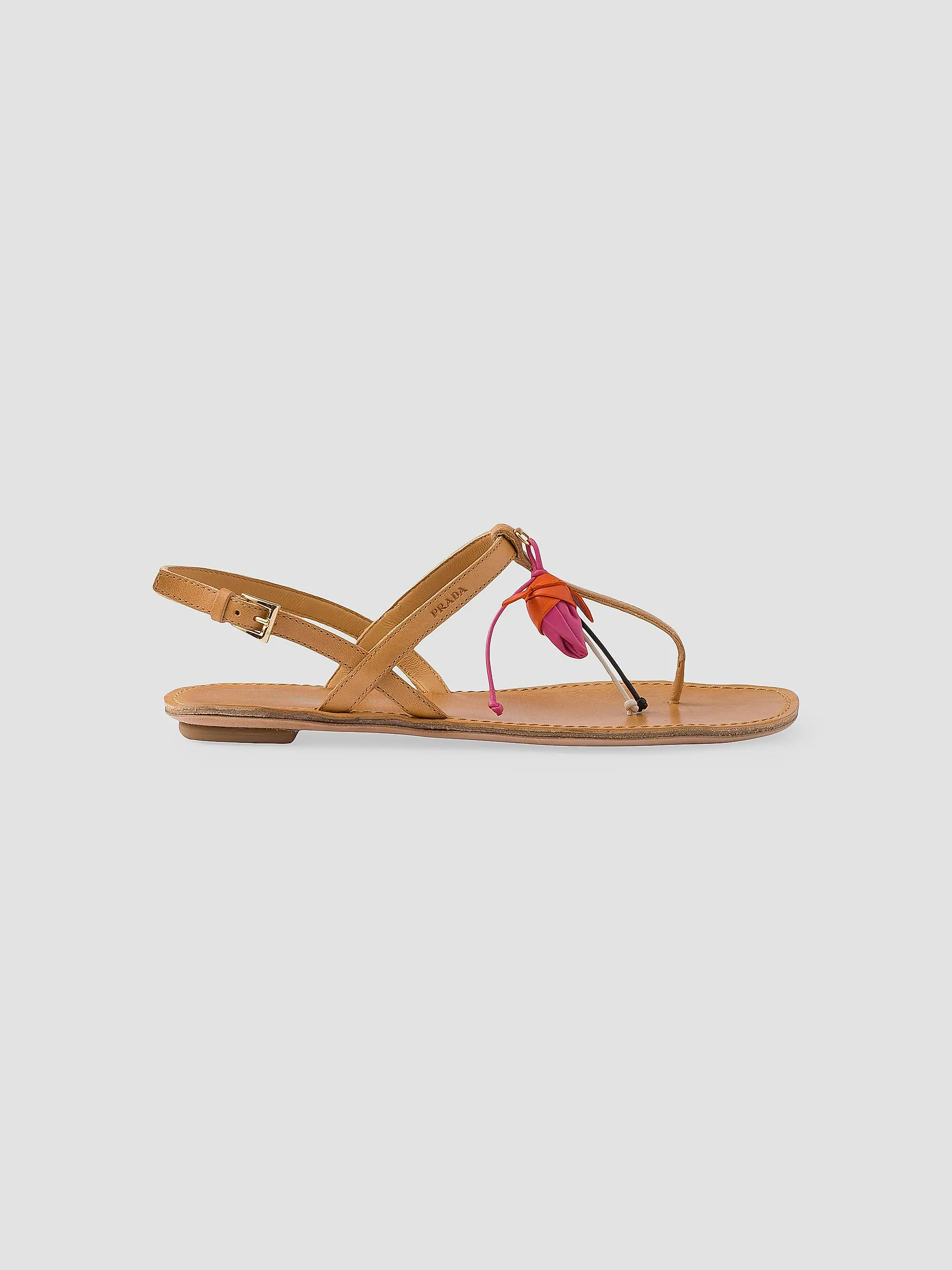 Antiqued Leather Thong Sandals With Floral Ornament