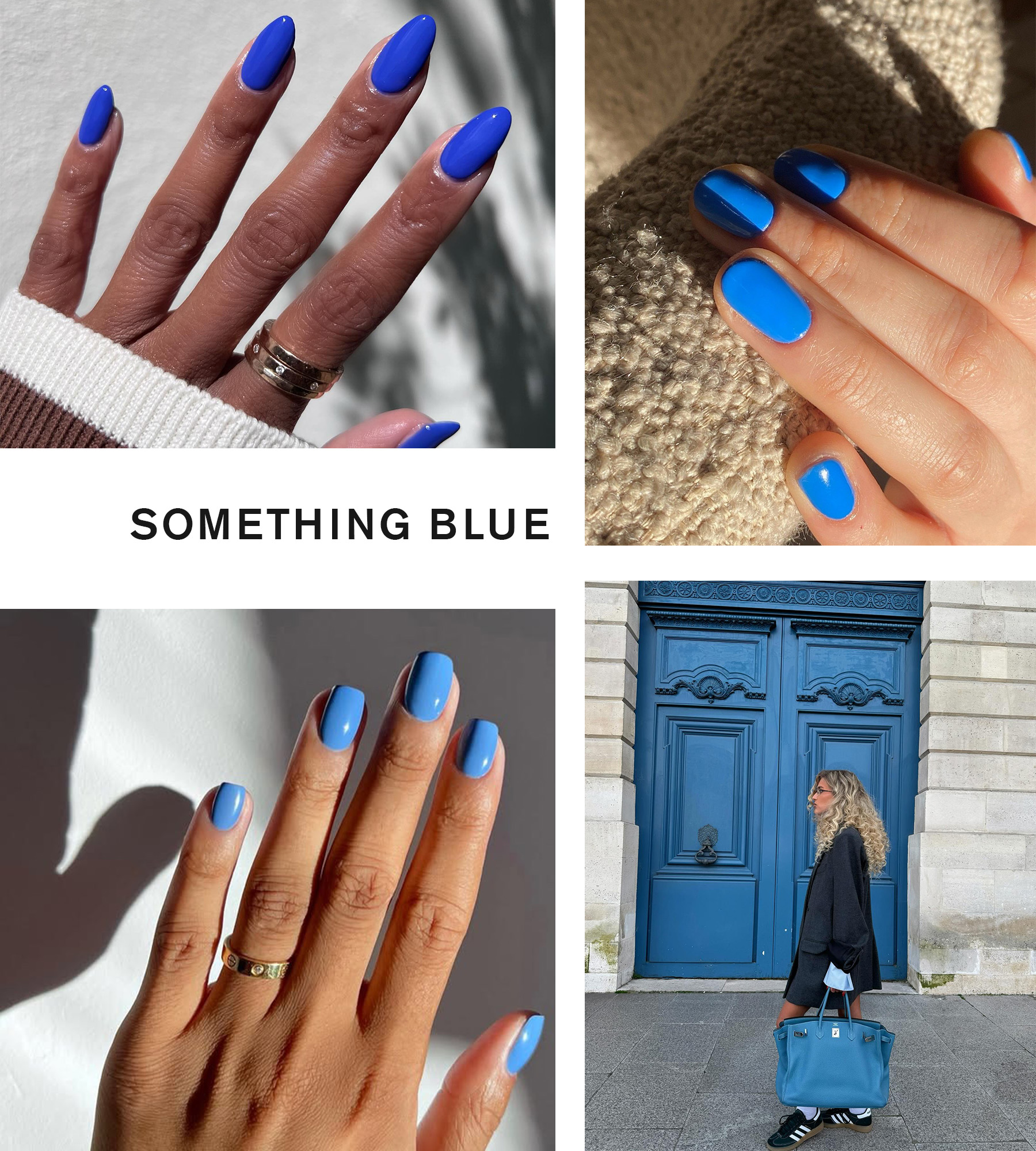 Collage of the something blue summer nail trend