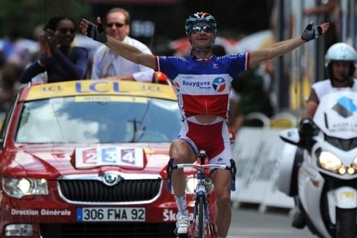 Thomas Voeckler (Bbox Bouygues Telecom) celebrates a stage 15 win at the Tour de France.