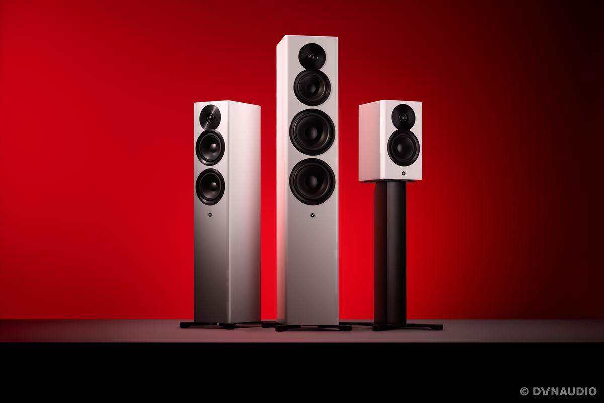 Dynaudio Focus speakers against red background