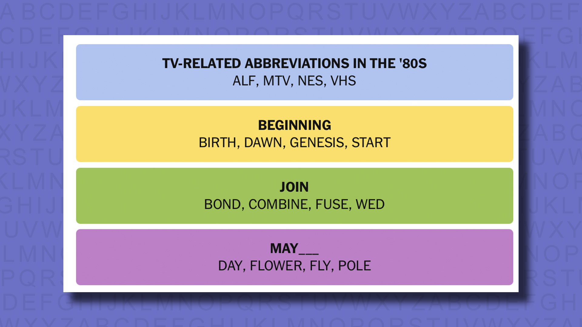 NYT Connections answers for game 815 on a purple background