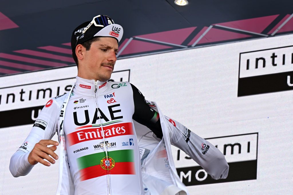 João Almeida (UAE Team Emirates) dons the white jersey of best young rider after stage 17 of the Giro d&#039;Italia 2023 in Caorle