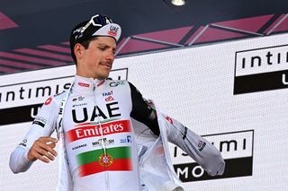 João Almeida (UAE Team Emirates) dons the white jersey of best young rider after stage 17 of the Giro d'Italia 2023 in Caorle