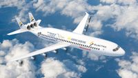 A white passenger jet is seen from above, flying to the right through a blue sky a white puffy clouds.