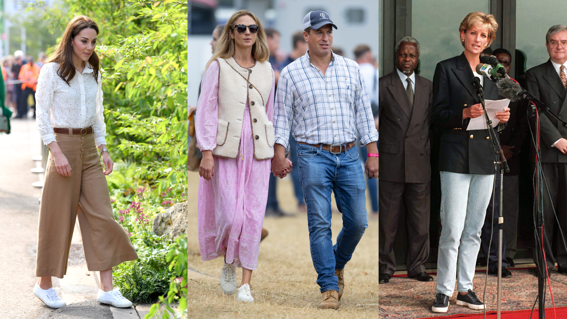 A three split image of Princess Kate, Harriet Sperling and Peter Phillips, and Princess Diana all wearing Superga sneakers
