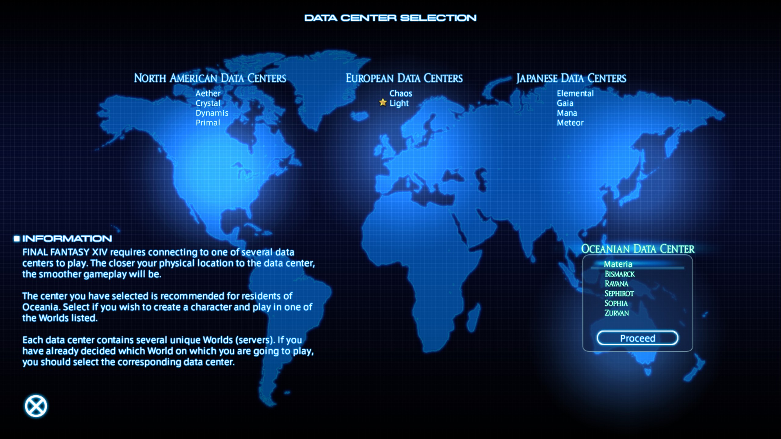 A list of the available data centers and servers on Final Fantasy 14.