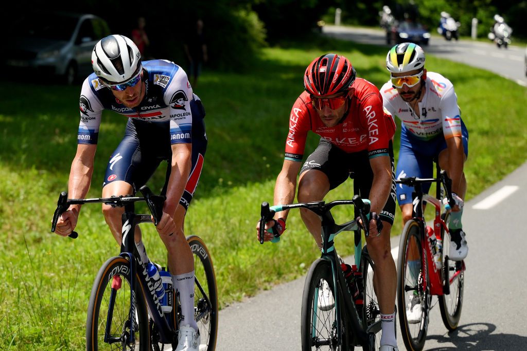 LIMOGES FRANCE JULY 08 LR Tim Declercq of Belgium and Team Soudal Quick Step Anthony Delaplace of France and Team ArkaSamsic and Anthony Turgis of France and Team TotalEnergies compete during the stage eight of the 110th Tour de France 2023 a 2007km stage from Libourne to Limoges UCIWT on July 08 2023 in Limoges France Photo by David RamosGetty Images