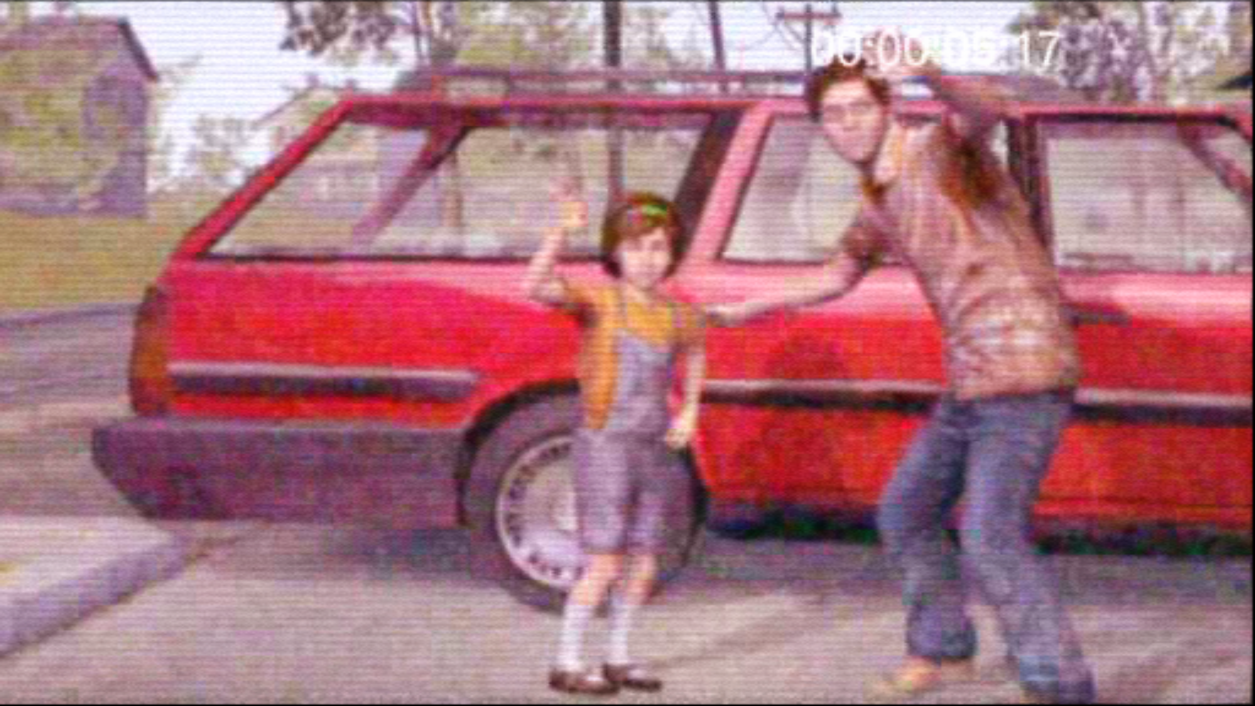 Screenshot of Silent Hill: Shattered Memories (father and child waving at camera in front of red car)