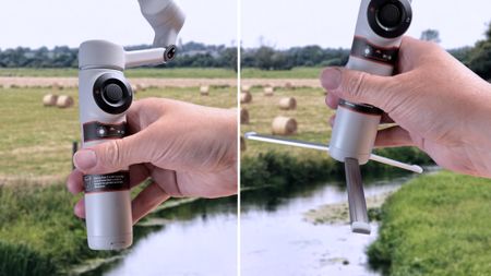 Side-by-side shot of the gimbal shaft on the left and a picture of the extended tripod legs that are stored inside the gimbal