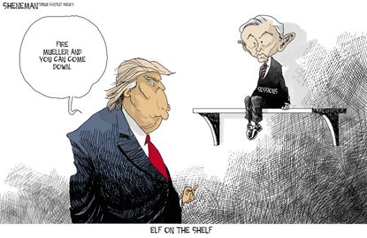 Political cartoon U.S. Trump Russia investigation Mueller Sessions elf on a shelf