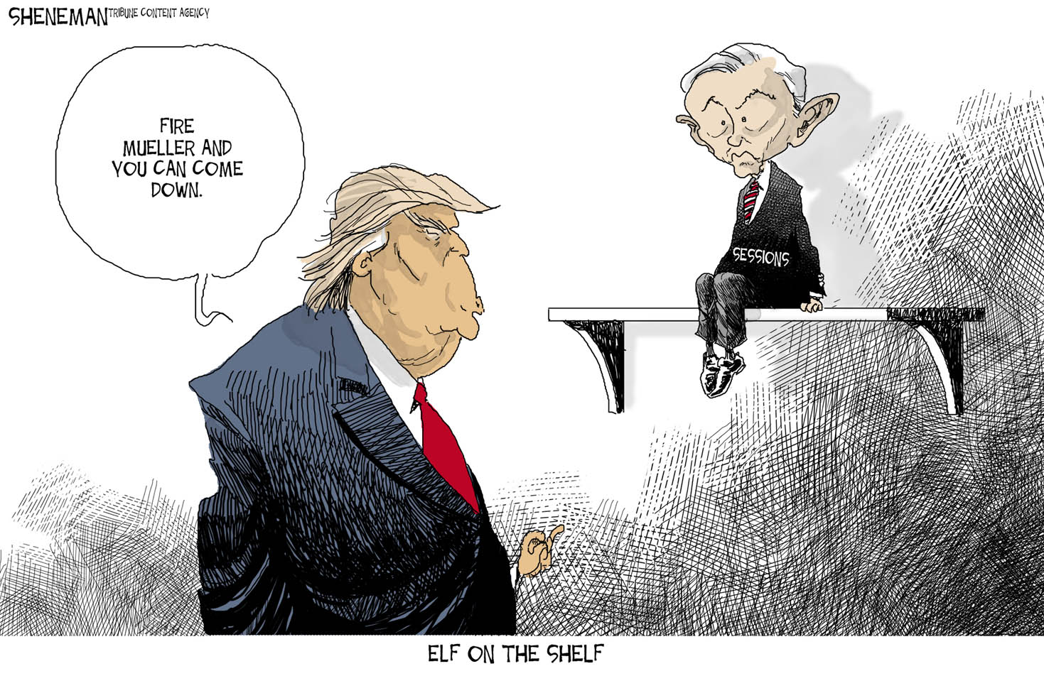 Political cartoon U.S. Trump Russia investigation Mueller Sessions elf ...