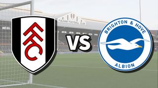 The Fulham and Brighton & Hove Albion club badges on top of a photo of Craven Cottage in London, England