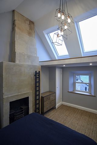 exposed stone fireplace