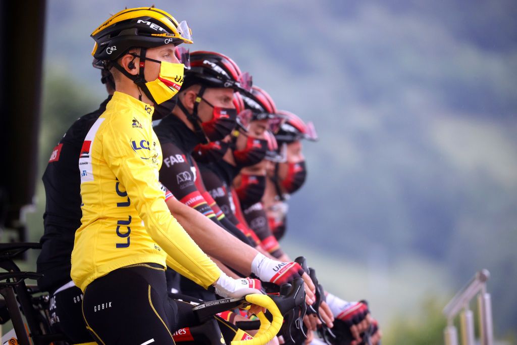 TIGNES FRANCE JULY 04 Tadej Pogaar of Slovenia and UAETeam Emirates yellow leader jersey at start during the 108th Tour de France 2021 Stage 9 a 1449km stage from Cluses to Tignes Monte de Tignes 2107m Team Presentation LeTour TDF2021 on July 04 2021 in Tignes France Photo by Chris GraythenGetty Images