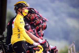 TIGNES FRANCE JULY 04 Tadej Pogaar of Slovenia and UAETeam Emirates yellow leader jersey at start during the 108th Tour de France 2021 Stage 9 a 1449km stage from Cluses to Tignes Monte de Tignes 2107m Team Presentation LeTour TDF2021 on July 04 2021 in Tignes France Photo by Chris GraythenGetty Images