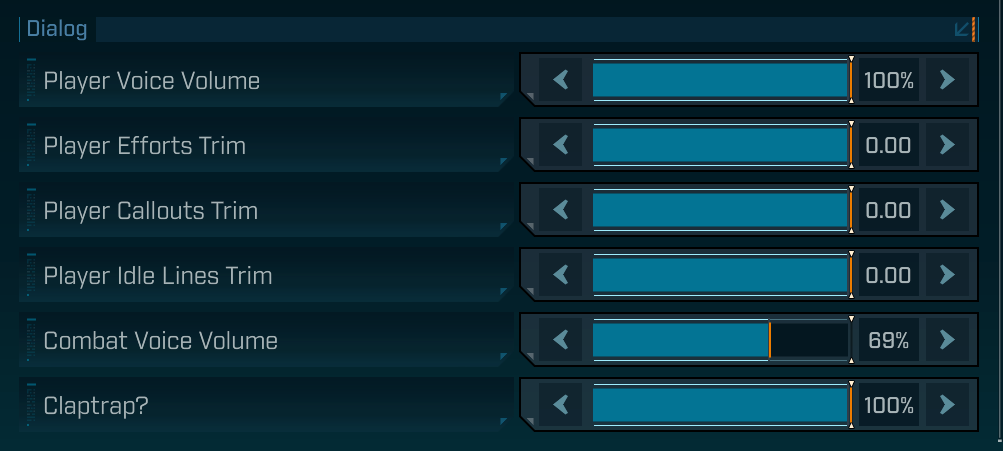 Dialog volume sliders in Borderlands 4, showing a slider specifically for Claptrap.