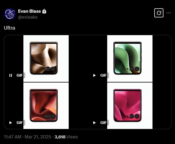 A snapshot of a leak post on X from Evan Blass about the Motorola Razr Plus 2025 colors and finishes.