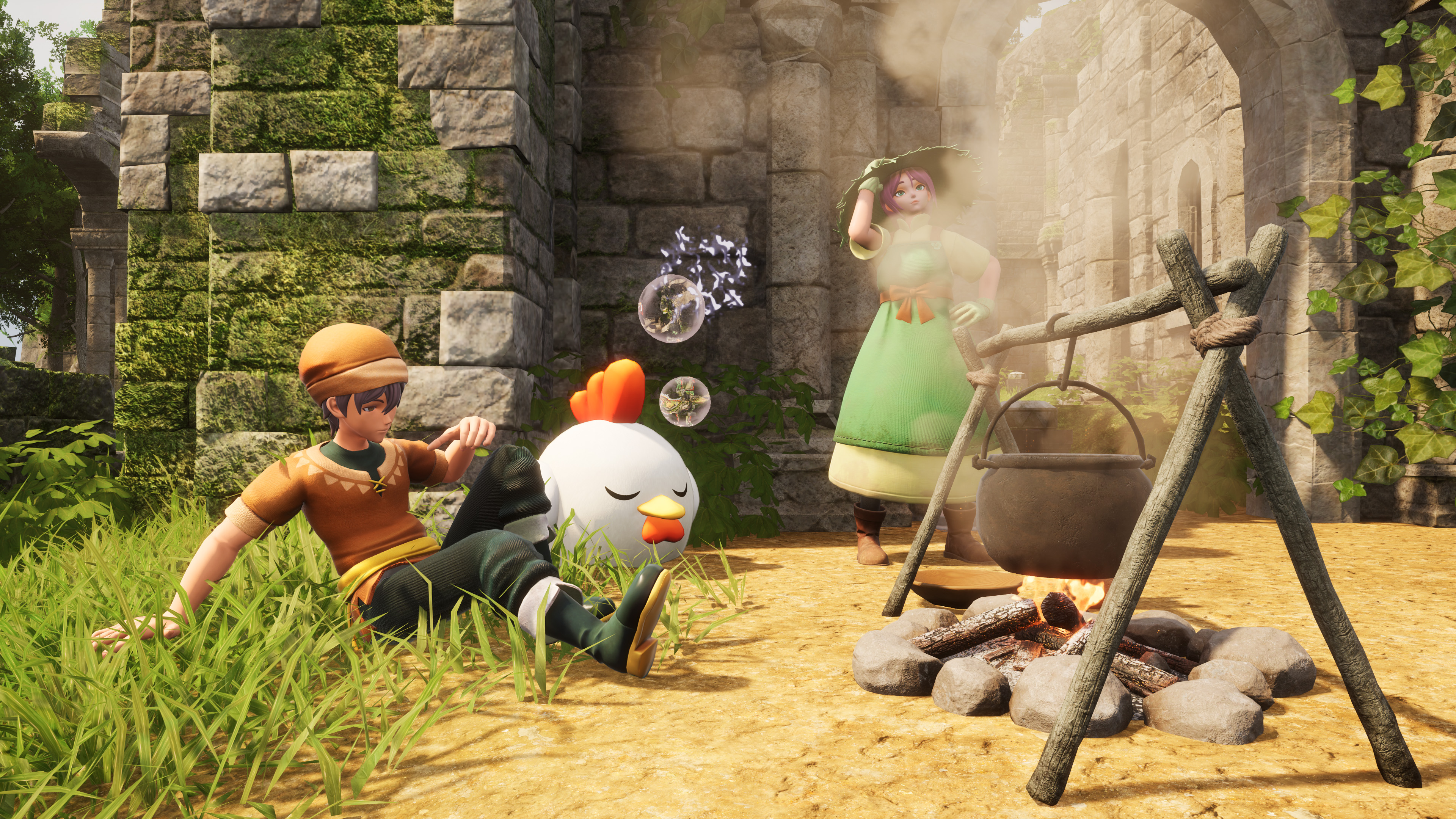 NPCs and a chicken-like Pal in Palworld, they're sitting outside of an old crumbling building and waiting for food to cook.