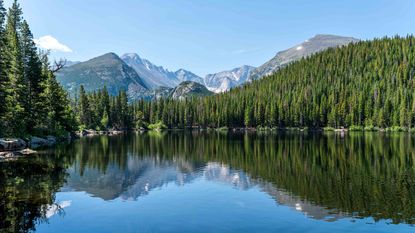 A lush forest surrounding a lake with snow-capped mountains in the background