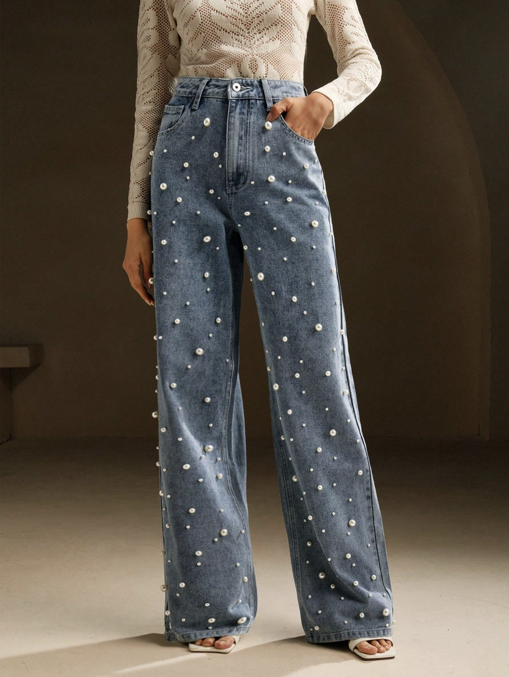 SHEIN x JWoww , High Waist Pearl Embellished Straight Loose Wide Leg Jeans (Was $51)