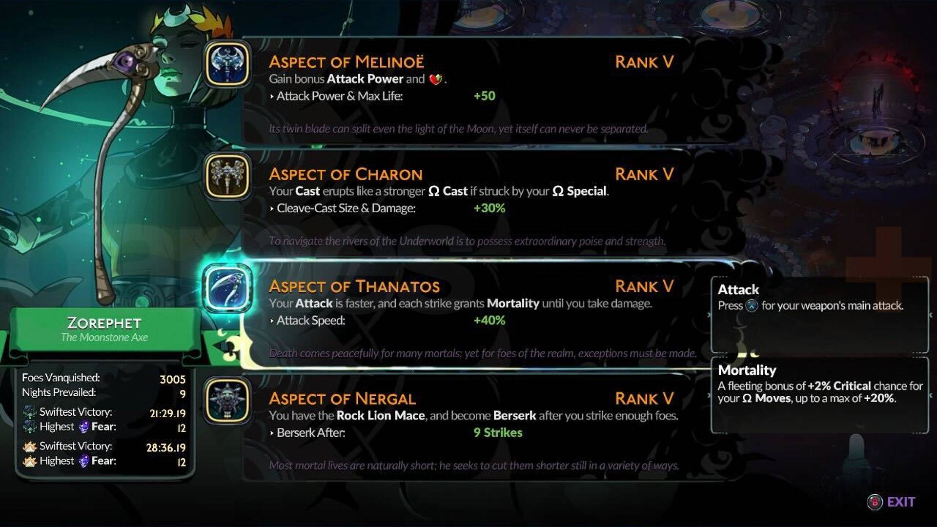 Hades 2 Moonstone Axe Aspects of Melinoe, Charon, Thanatos, and Nergal