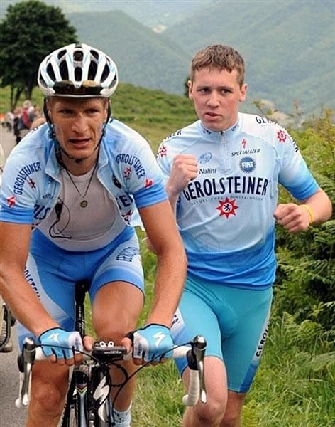 A Gerolsteiner fan shouts encouragement to Sebastian Lang who came within four point of the polka dot.