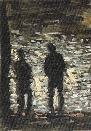 Black silhouette of two men stood next to each other