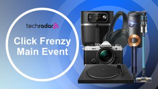 Assortment of tech on a blue gradient background with "Click Frenzy Main Event" text.