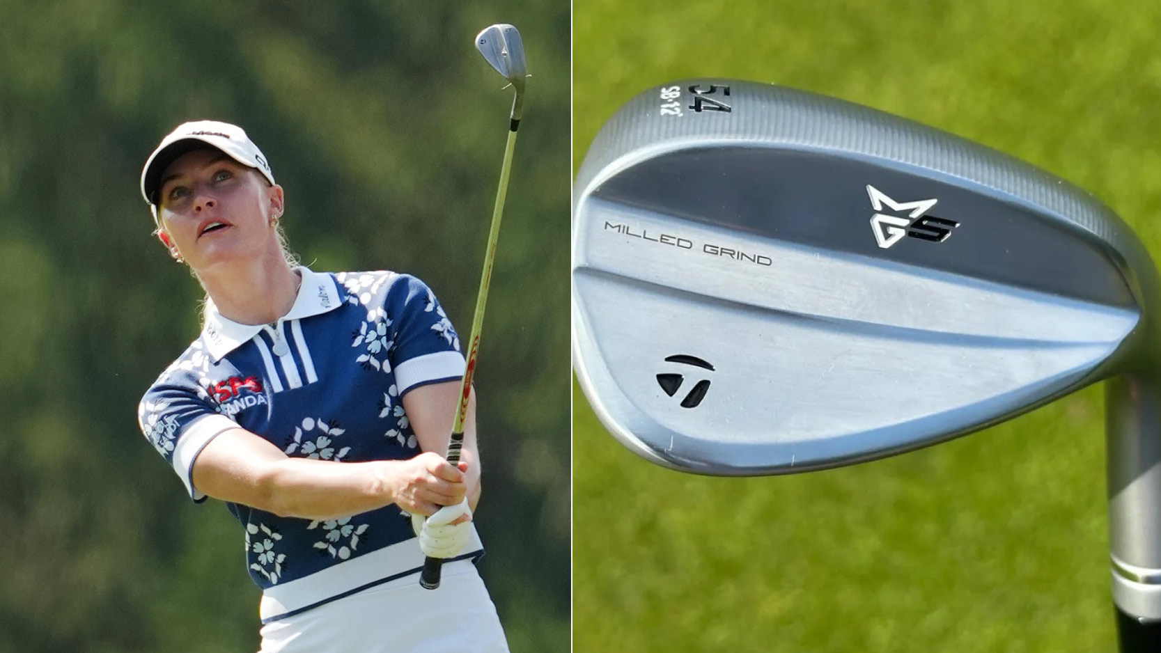 Charley Hull hits a wedge shot, with a close up of the wedge next to her