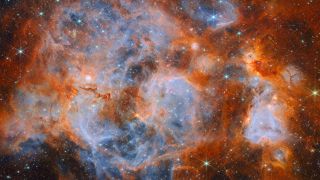 A nebula made of clouds of gas and dust with stars forming within. In the centre and out to the left it is filled with thin, wispy blue gas that forms delicate layers.