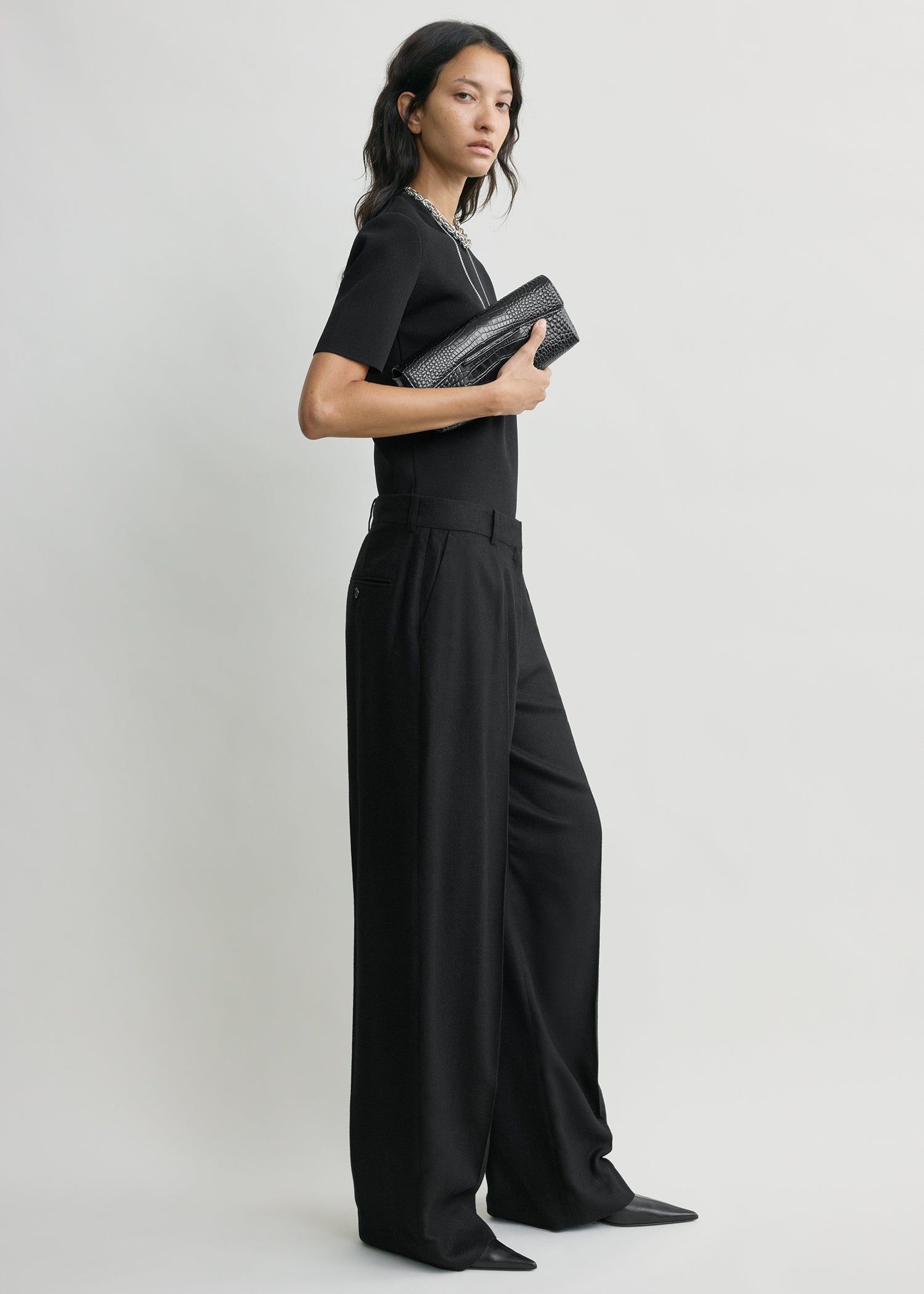 Wide Flannel Trousers Black