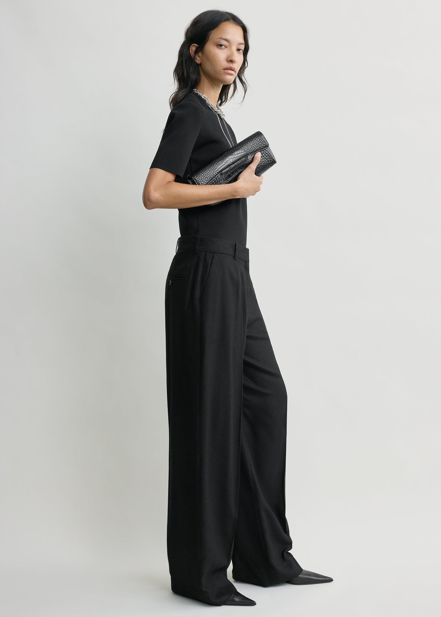 Wide Flannel Trousers Black