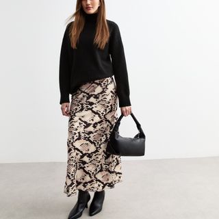 New Look Pink Snakeskin Print Satin Midi Skirt