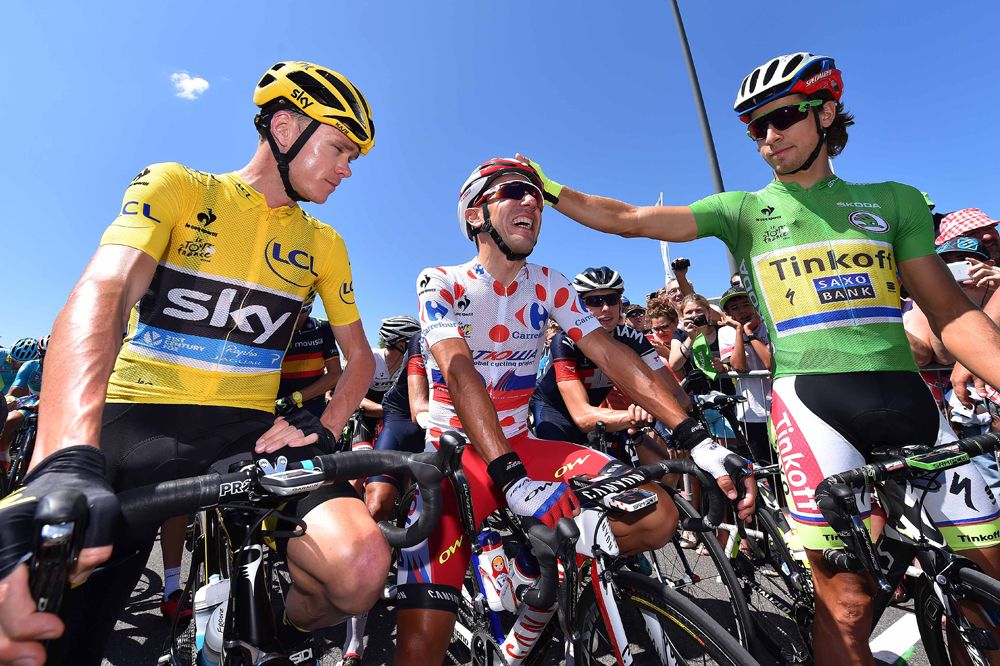 The 2015 jersey leaders on the start line of stage 16