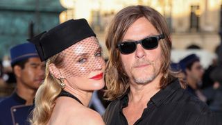 Diane Kruger is seen with glowing highlighter and a red lipstick look alongside Norman Reedus at Vogue World: Paris at Place Vendome on June 23, 2024 in Paris, France.