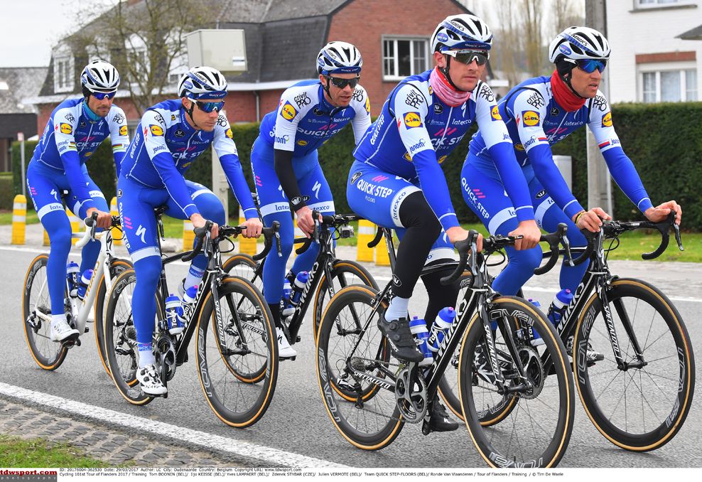 The QuickStep Floors team head out for a recon rider ahead of Sunday's Tour of Flanders