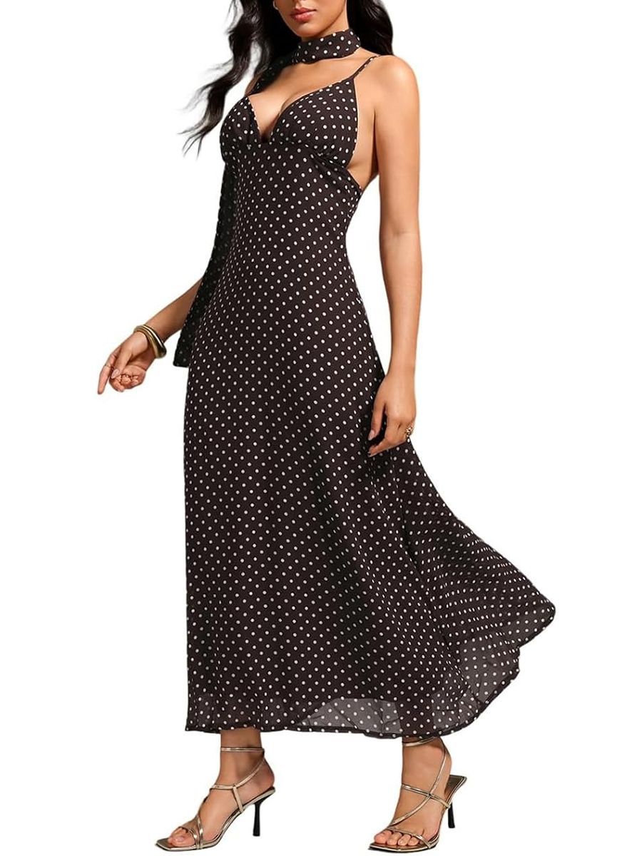 GORGLITTER, Gorglitter Women's Deep V-Neck Polka Dots Mesh Tie Backless Sleeveless Long Maxi Dress With Scarf Brown Large