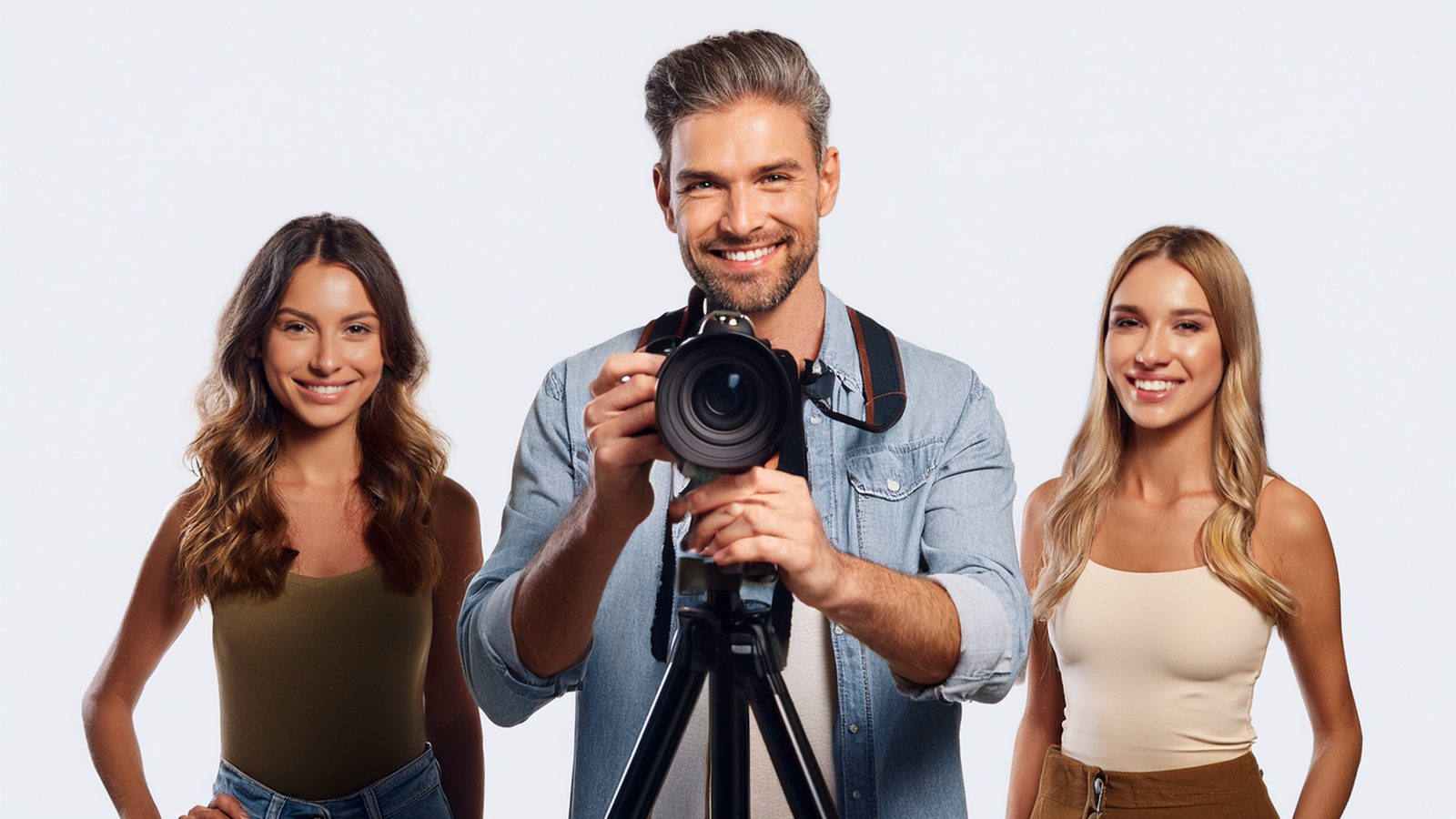 An AI-generated image of a male photographer using a tripod and two females