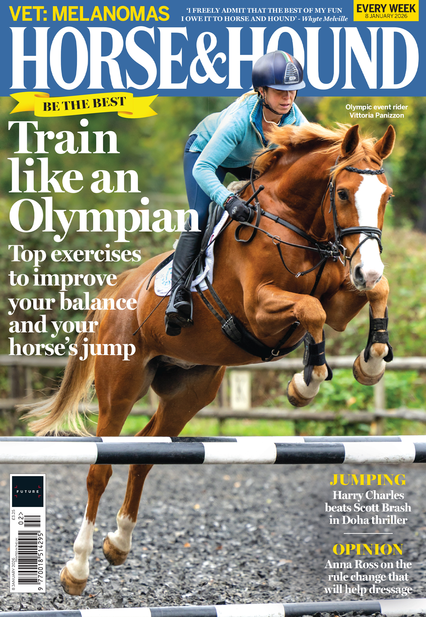 Cover of Horse &amp; Hound, on sale 8 January, featuring Vittoria Panizzon jumping a fence on a chestnut horse