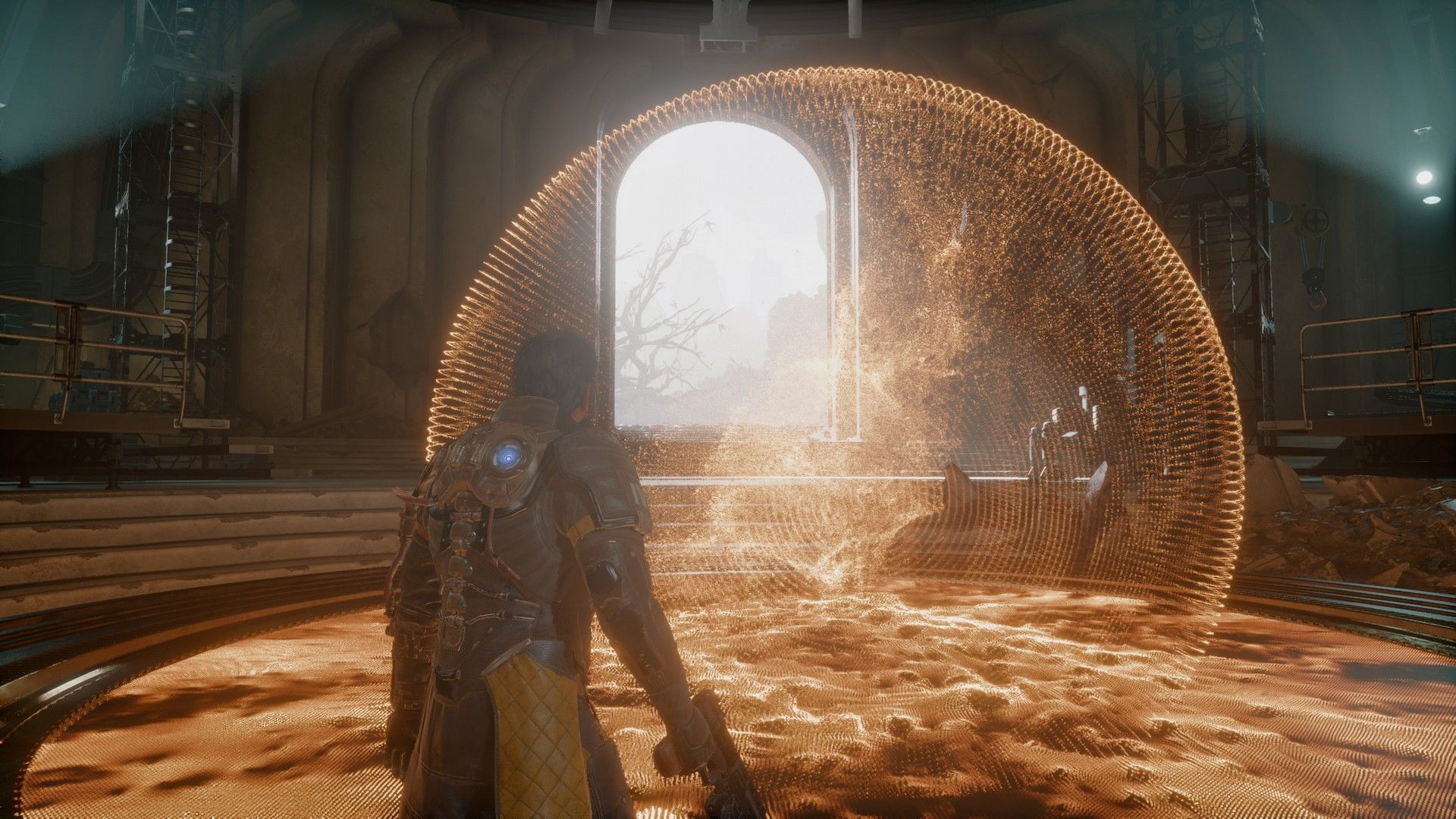 Arjun uses the world dial in The Passage to activate teleportation in Saros