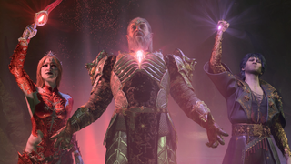 The three central villains of Baldur's Gate 3 pose dramatically with stones of power.